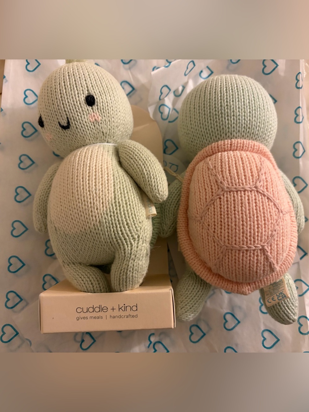 Green & pink coral Knitted Turtle Cuddle + Kind